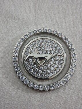 Mustang Emblem Start Button Cover Rhinestone Silver Toned Metal Ring And Cap.